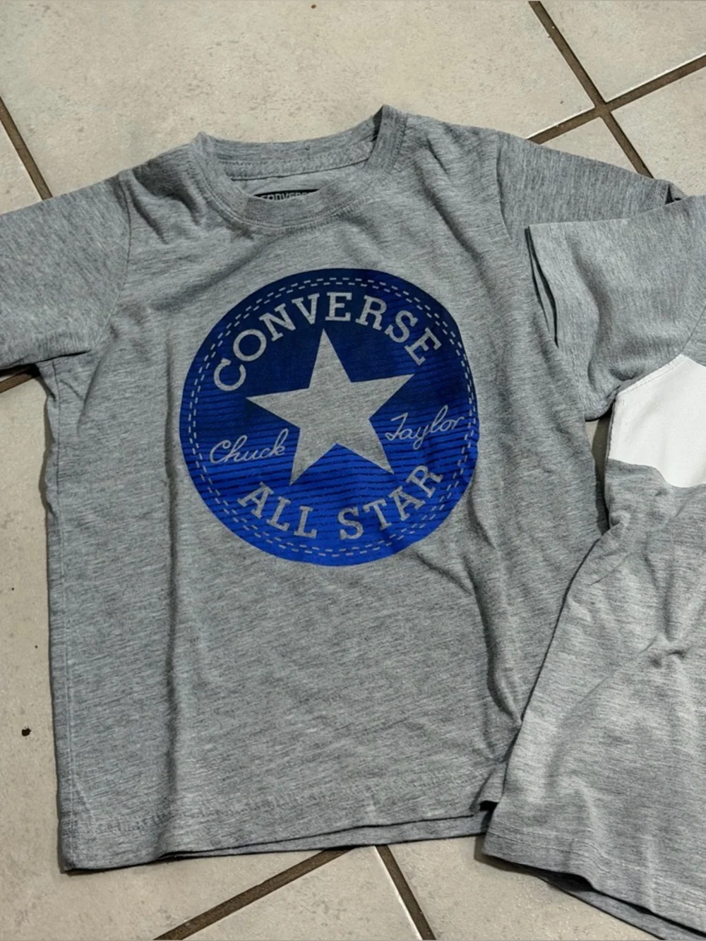 Converse, Timberland, Children’s Place Kids Boys Gray Logo Tees, Shorts size 5-6
